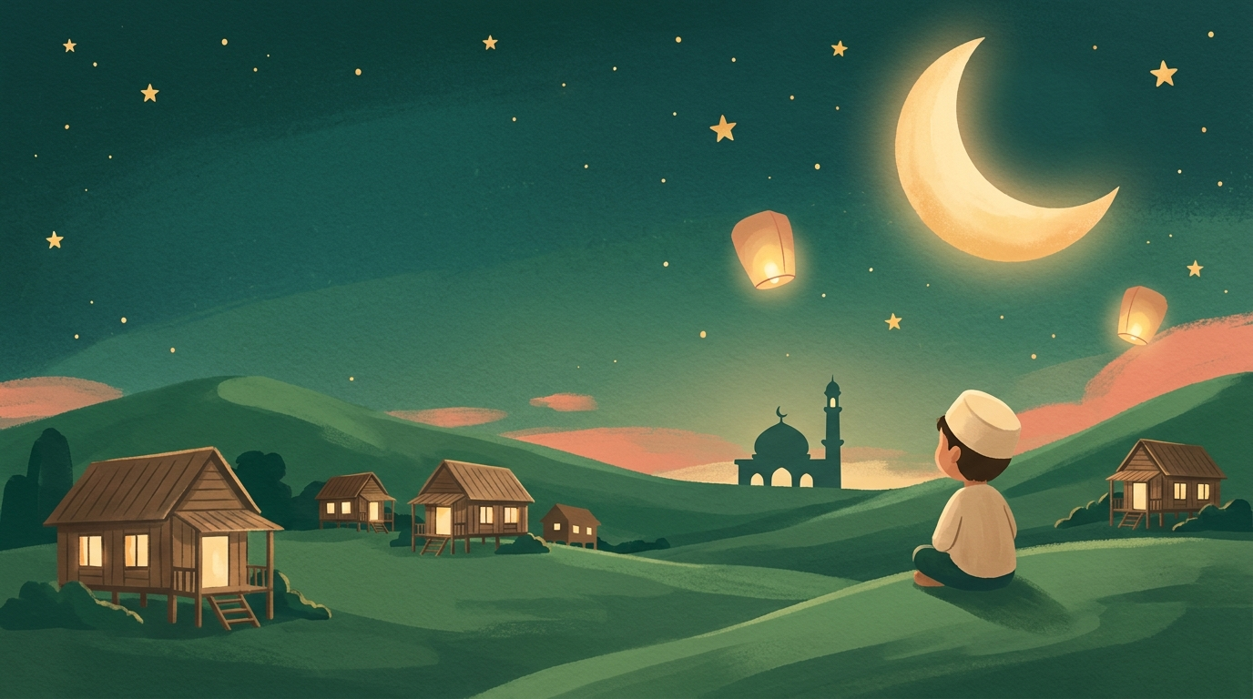 A child watching the moon over the kampung